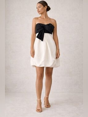 Bebe Silk Strapless Bow Dress Black White Bubble Hem Mini S